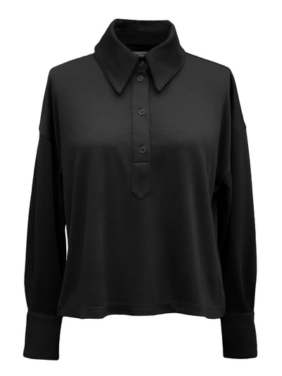 Long Sleeve Box Crop Polo - Black