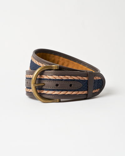 The Chelsea, Textured-Knit Black Leather Belt in Navy