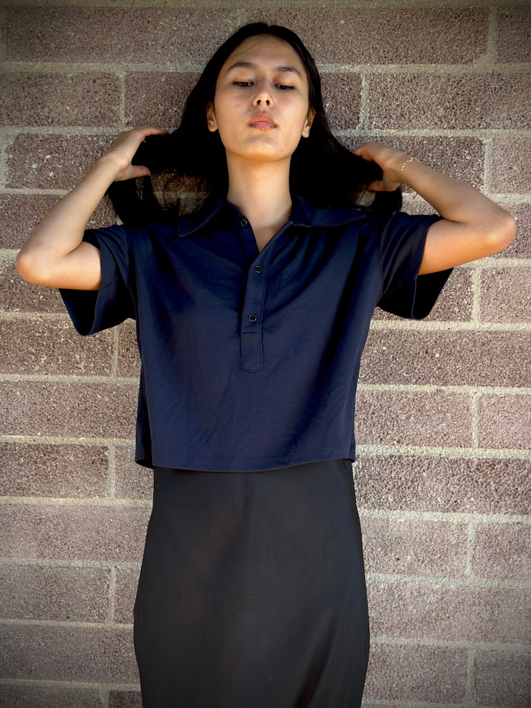 Vespa Box Crop in Navy Blue - Womens Cropped Polo Shirt | The Surrey