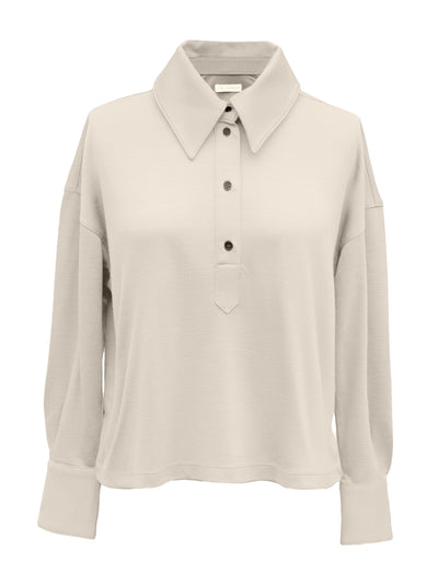 Long Sleeve Box Crop Polo - Cream